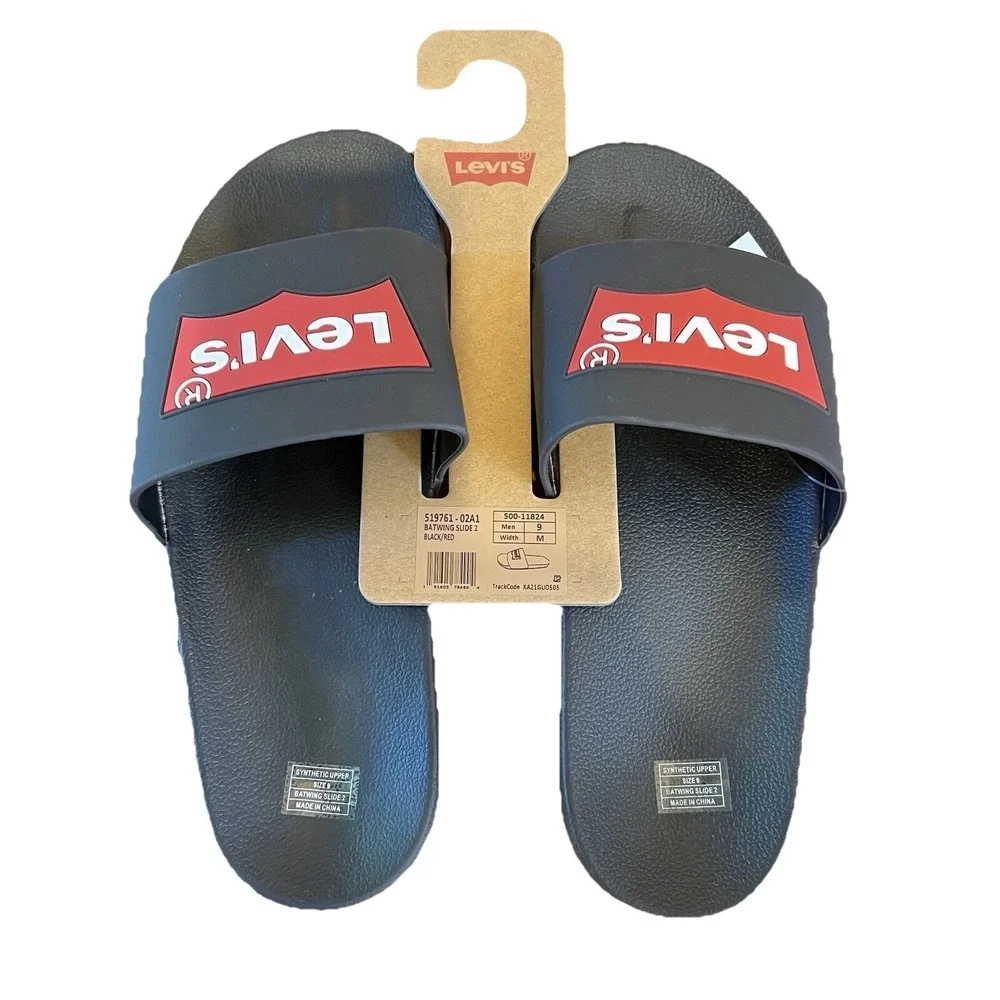 LEVIS Men Batwing Slide sz 11 Black Synthetic Slippers Logo Water Resistant  NEW
